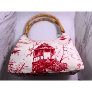 Talbots Red Toile Bamboo Handle Bag | Chinoiserie Pagoda Print | Top Handle